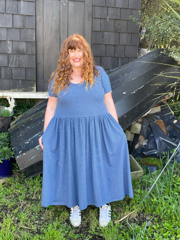 Rebecca wears the french blue stripe DEMELZA